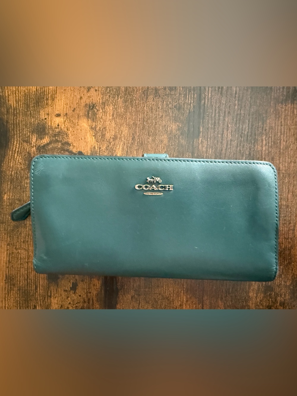 Coach Dark Teal Leather Zip Wallet with Brass Logo